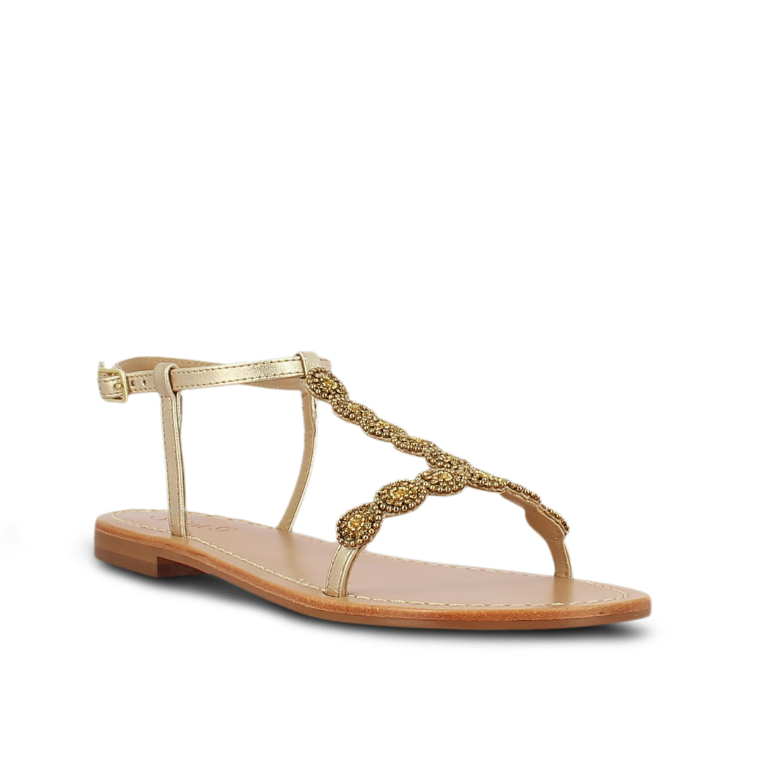 Adele Metallic Platin Leather With gold Embroidery Sandals
