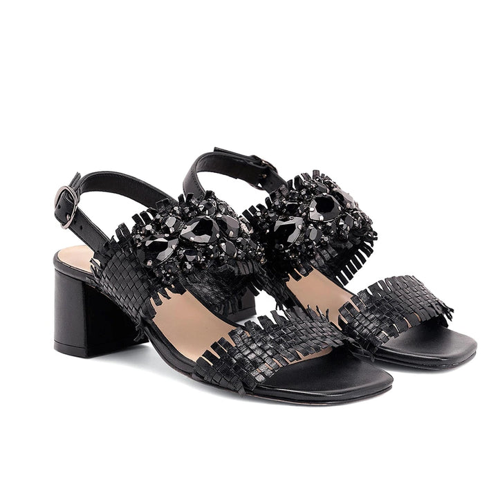 Saint Fabrizia Black Woven Leather Block Heels.