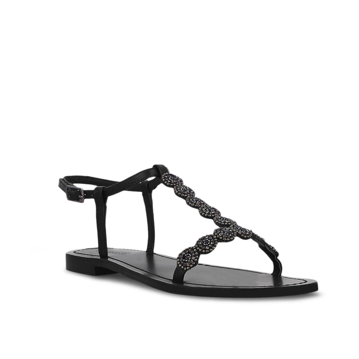 Adele Platin Leather Buckle Sandals with Elegant Embroidery, Flat and Stylish Women's Footwear for Comfortable and Trendy Summer Fashion.