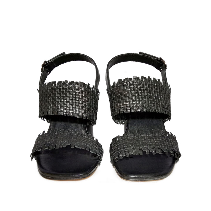 Black Leather Woven Block Heels - SaintG