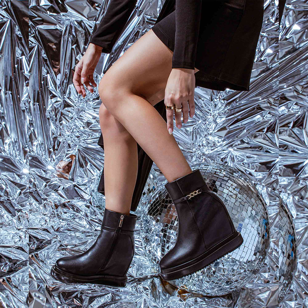 Saint Livia Black Leather Inner Wedge Heel Ankle Boots Stylish