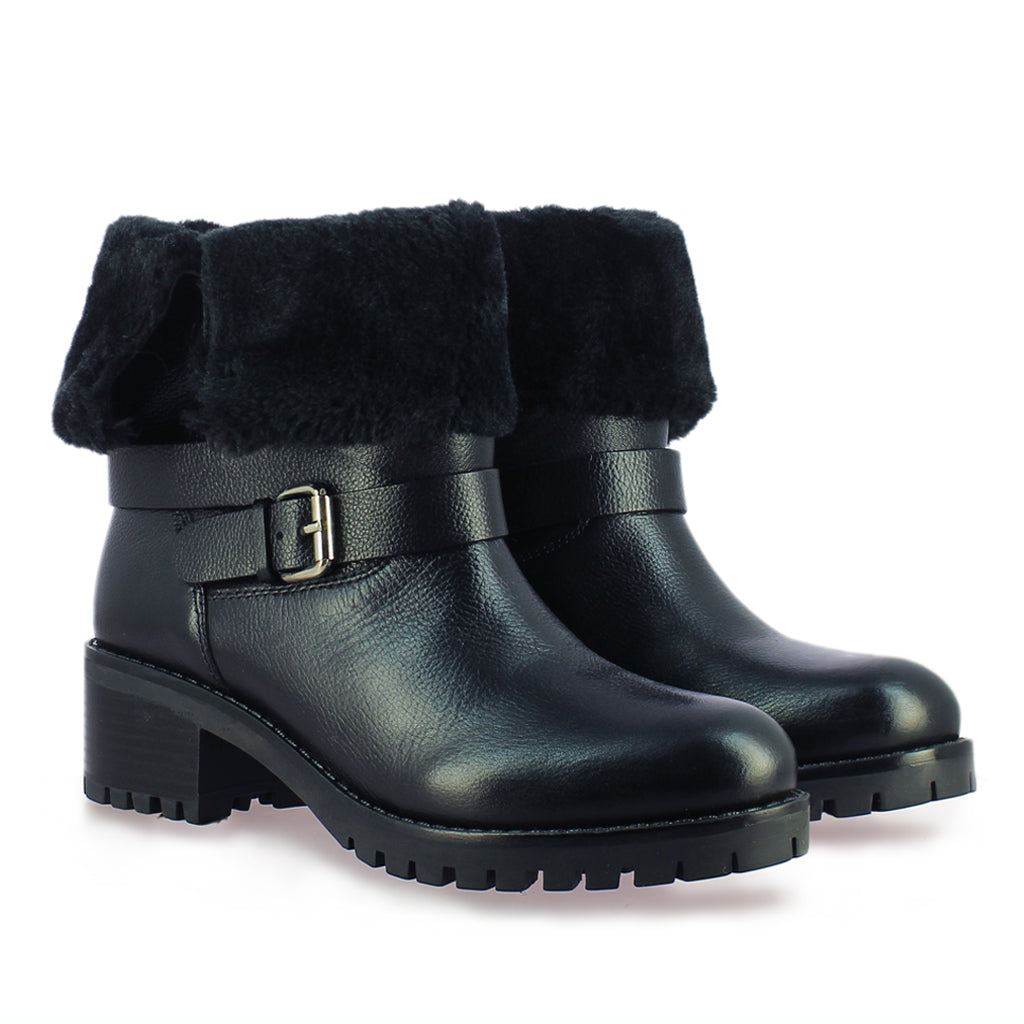 Saint Theresa Buckle Decorative High Ankle Black Leather Boots
