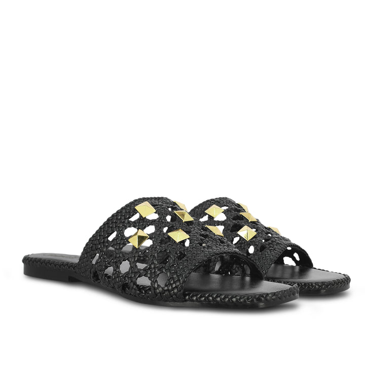 Saint Giada Black Leather Woven Slides - Handcrafted chic slides for a stylish stride, featuring intricate leather weaving. Elevate your look effortlessly