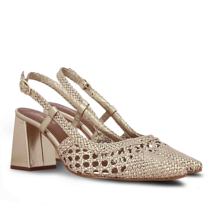 Saint Delaney Platin: Handwoven leather block heels, elegant and stylish footwear for a sophisticated look