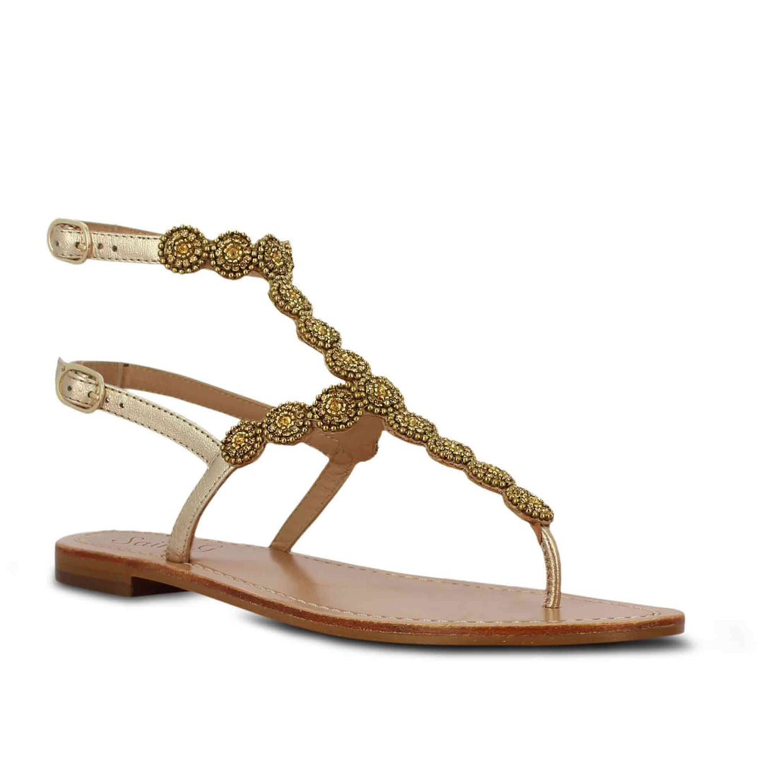 Saint Azzurra Platin Gold Embroidered Sandals: Elegant flat leather footwear with intricate gold embroidery for a touch of luxury and style