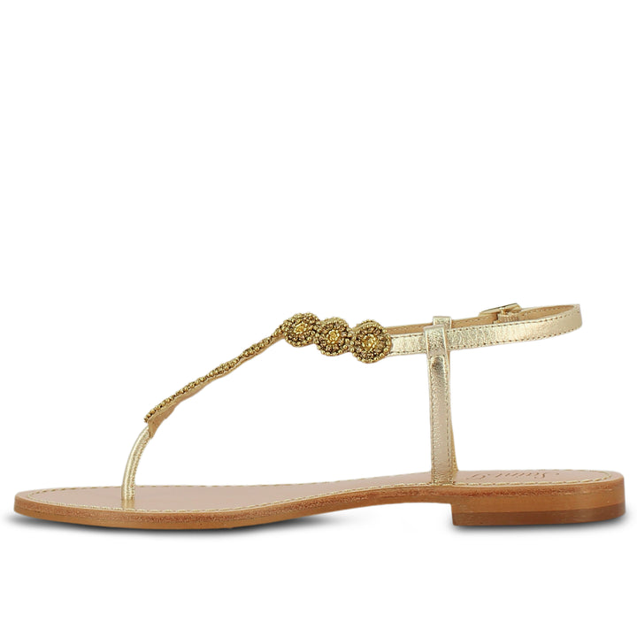 Alcina Platin Leather Gold Embroidered Flat Sandals