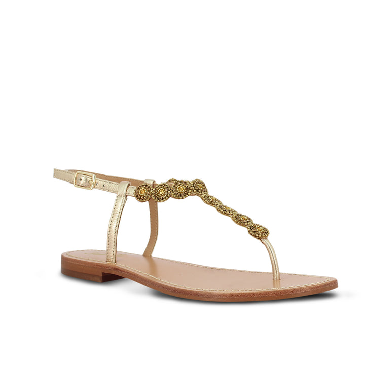 Alcina Platin Leather Gold Embroidered Flat Sandals - Elegant, comfortable footwear with intricate embroidery for a stylish and luxurious look