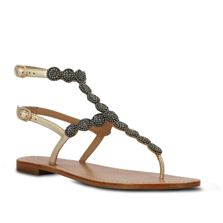 Saint Azzurra Platin Flat Leather Black Embroidered Sandals: Elegant black flats with intricate embroidery for timeless style and comfort