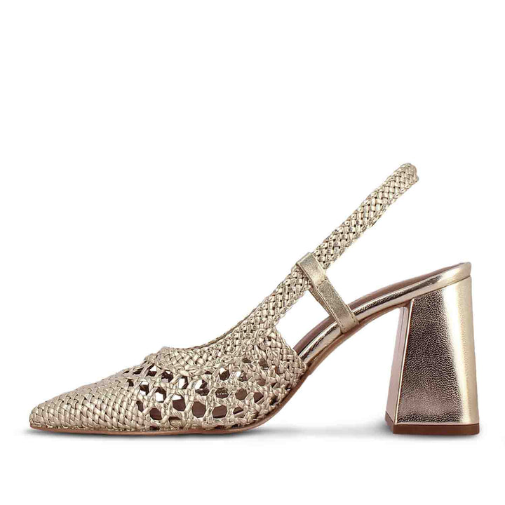 Saint Delaney Platin: Handwoven leather block heels, elegant and stylish footwear for a sophisticated look