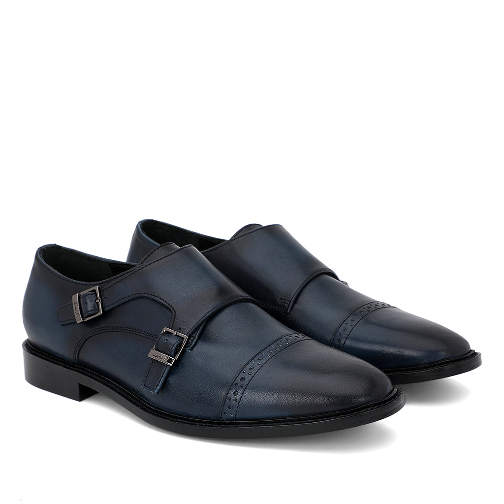 Saint Perctarit Blue Leather Double Buckle Monk Brogue Shoes - SaintG India