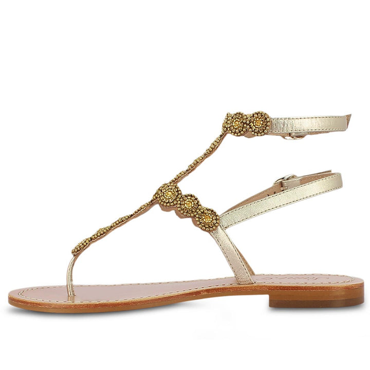 Saint Azzurra Platin Gold Embroidered Sandals: Elegant flat leather footwear with intricate gold embroidery for a touch of luxury and style