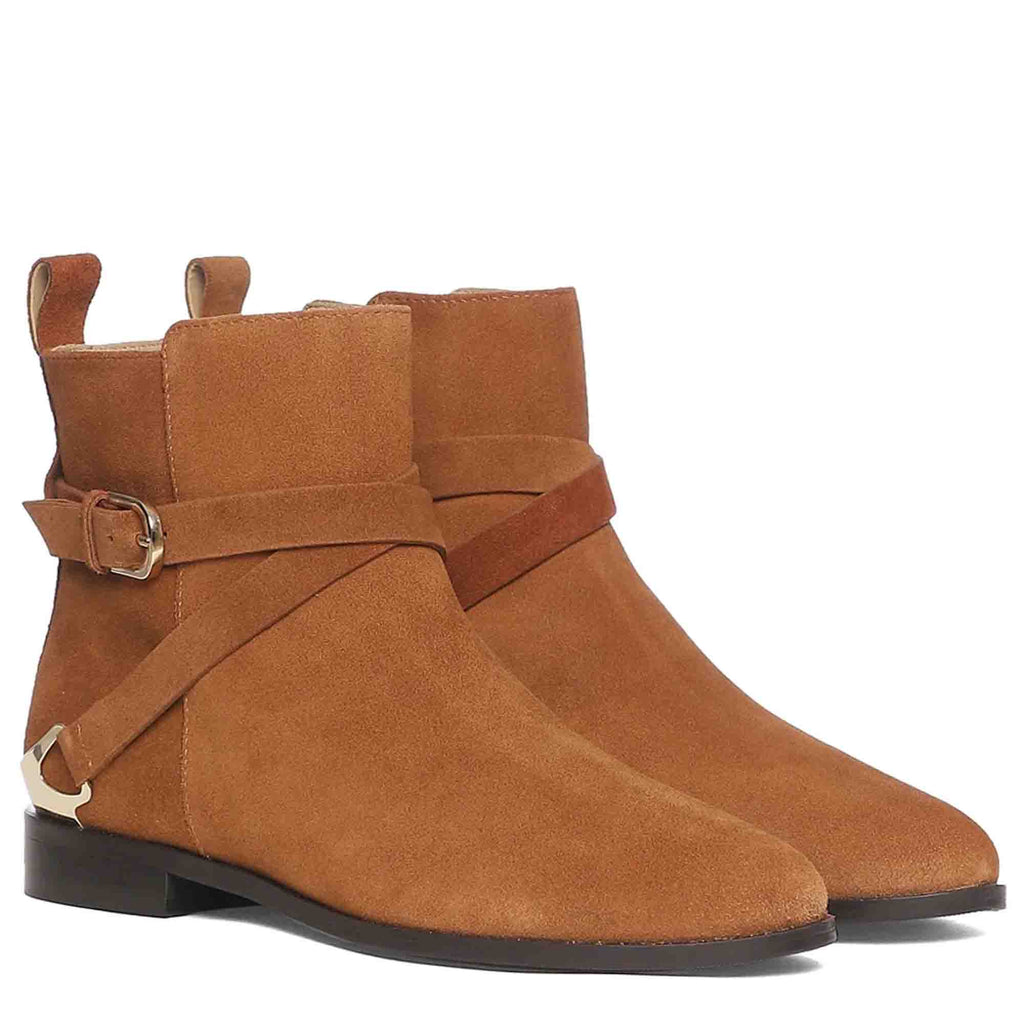 Saint Cathie Buckle Decor Tan Leather Ankle Boots