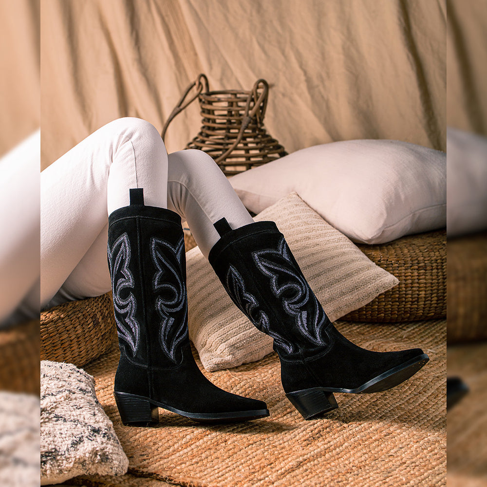 Saint Ashley Black Leather cowboy Calf Length Boots - SaintG India 