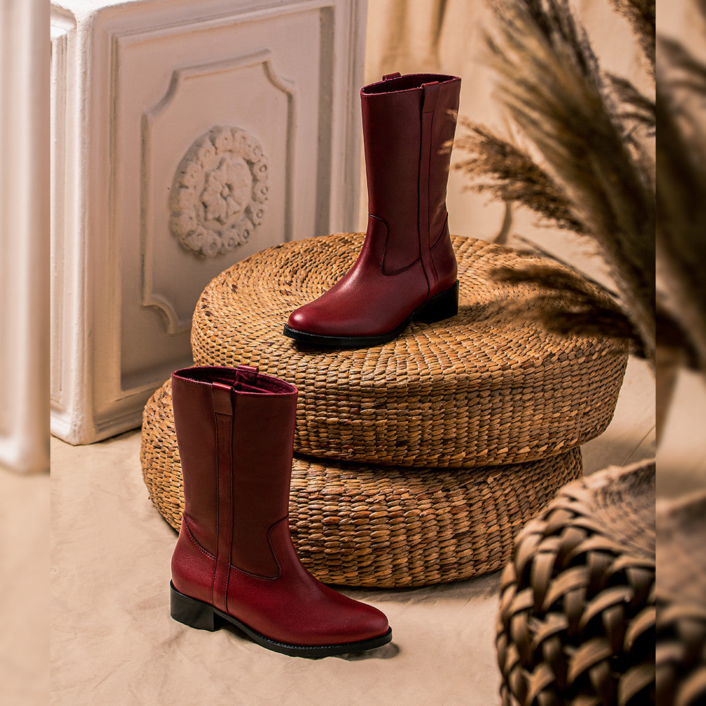 Burgundy Leather Pull On Calf Boots for women
