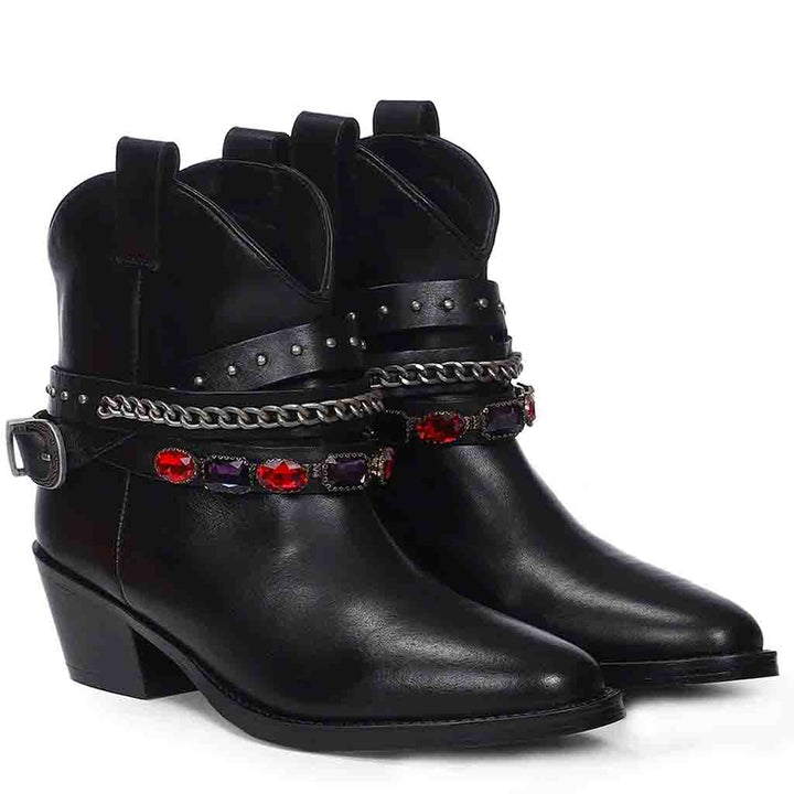 Saint Louanne Black Leather Rhinestone Studded Décor Boots