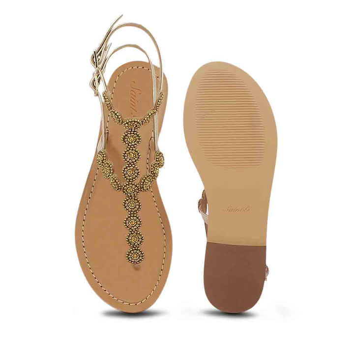 Saint Azzurra Platin Flat Leather Gold Embroidered Sandals