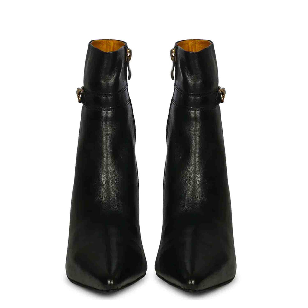 Saint Madelyn Black Leather Front Zipper Pointed Toe Heel Boots