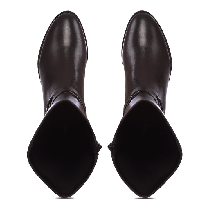 Saint Damaris Dark Brown Leather Buckle Decor Knee High Boots