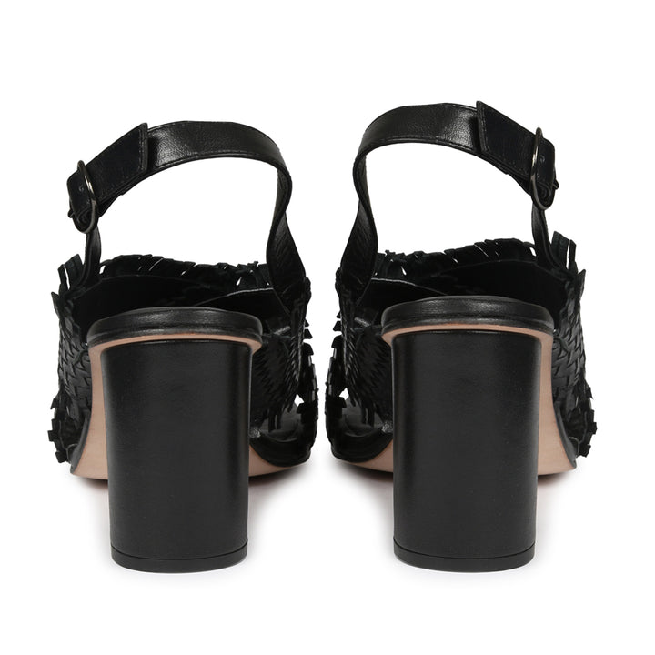 Black Leather Woven Block Heels - SaintG