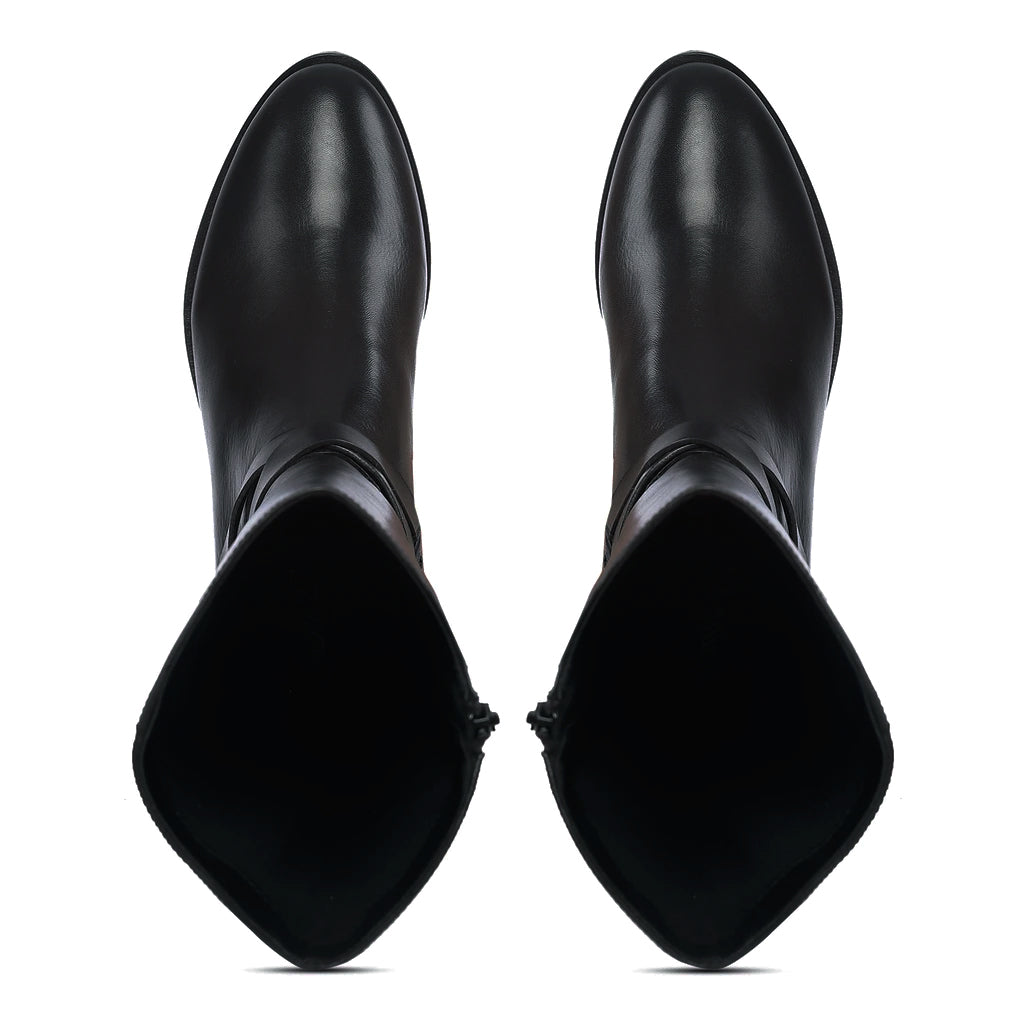 Saint Damaris Black Leather Buckle Decor Knee High Boots