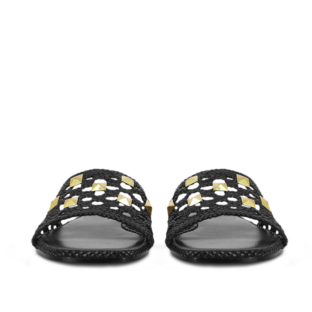 Saint Giada Black Handcrafted Leather Woven Slides