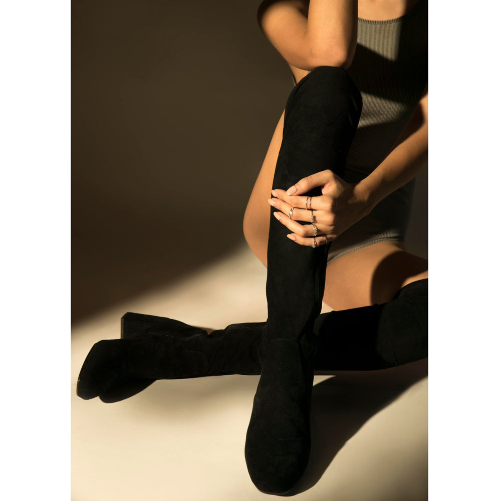 Saint Luisa Black Stretch Suede Above The Knee Heeled Boots - SaintG