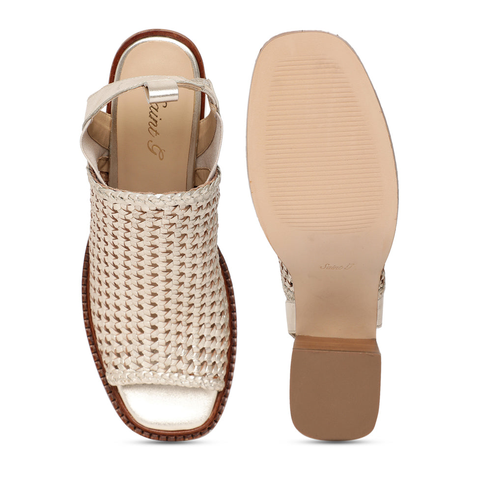 Saint Bella Gold Woven Leather Block Heels: Elegant and chic heels with intricate woven leather design