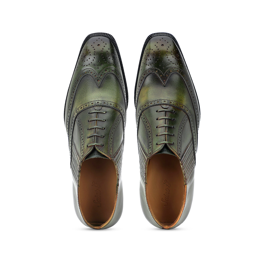 Saint Vincenzo Olive Leather Square Toe Lace Up Décor Shoes