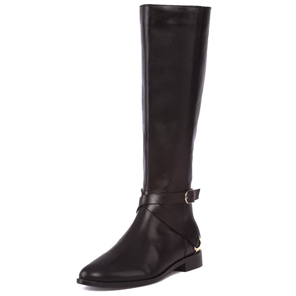 Saint Damaris Dark Brown Leather Buckle Decor Knee High Boots
