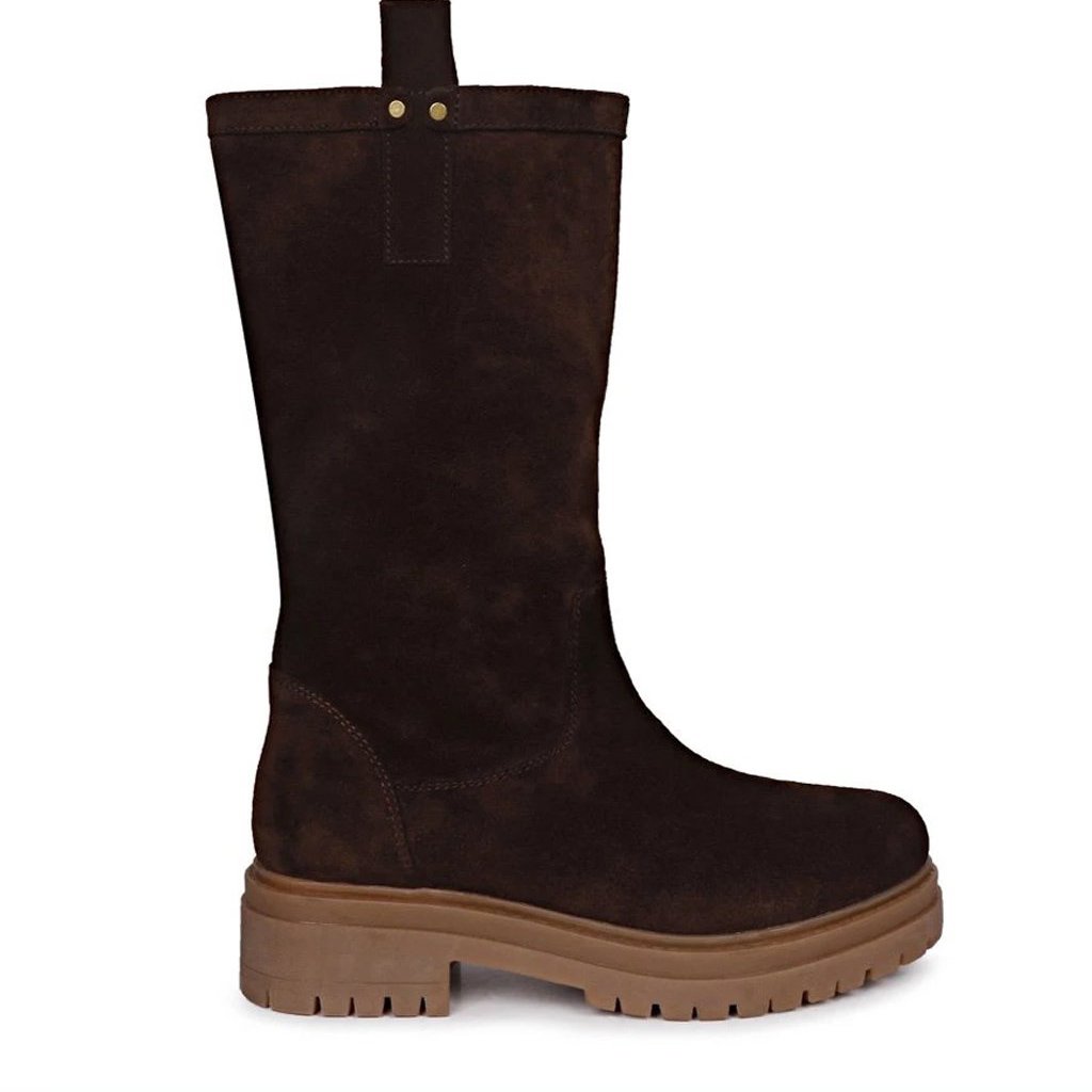Brown Suede Leather Pull On Calf Boots for women