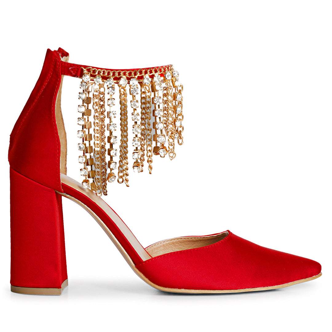 Saint Fayette's Glamorous Stone-accented Red Satin Block Heels