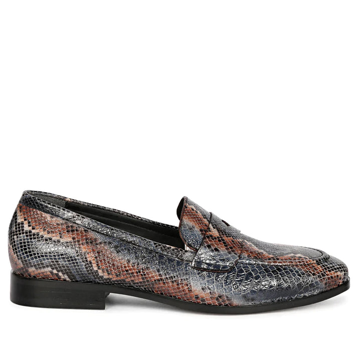 Blue Snake Print Leather Loafers for mens