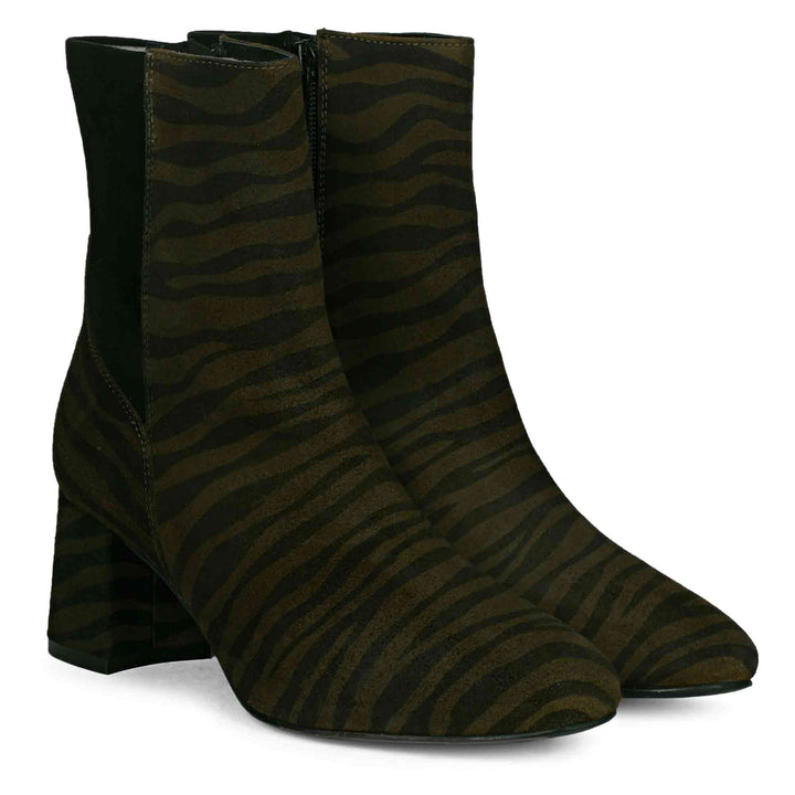 Saint Riona Olive Leo Print Leather High Ankle Boots