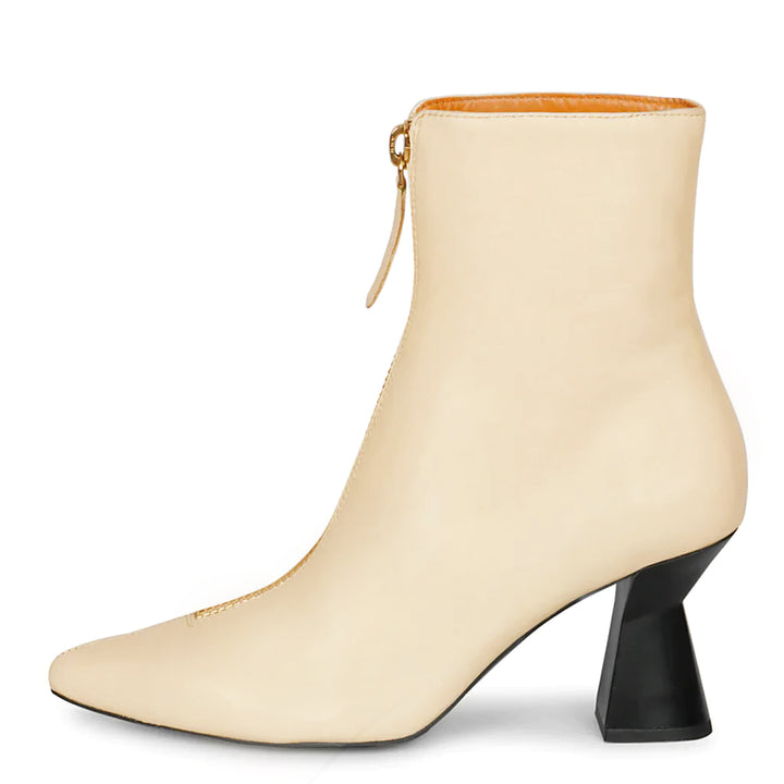 Saint Rose Off White Leather Front Zipper Pointed Toe Heel Boots