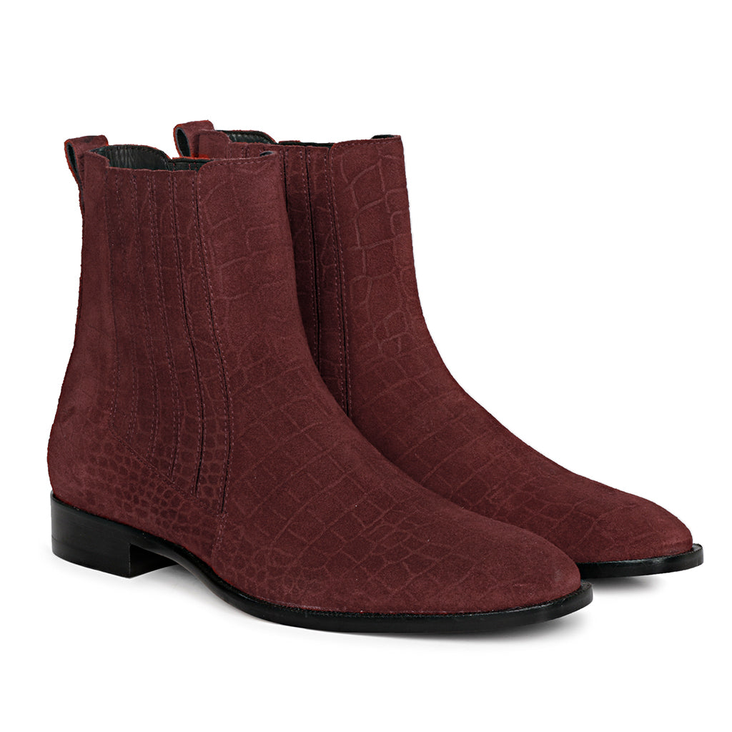 Burgundy Croco Print Suede Leather Chelsea boot for men