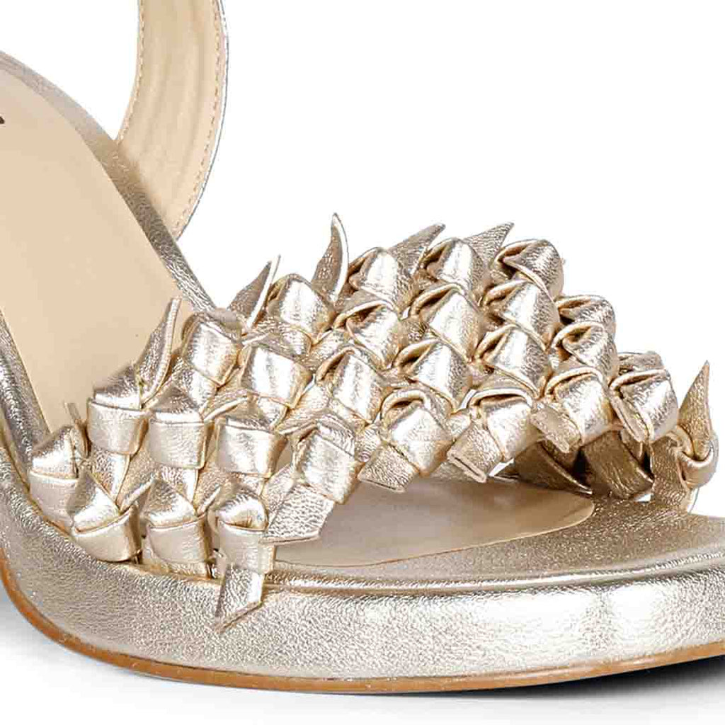 Saint Joy Metallic Gold Hand Woven Leather Block Heels