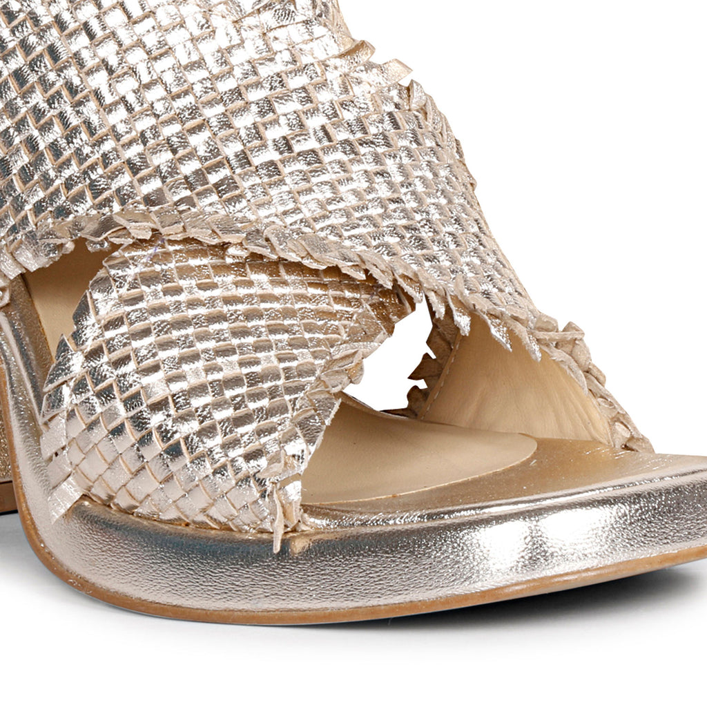 Saint Shelby Gold Metallic Crisscross Fringed Woven Leather Block Heels