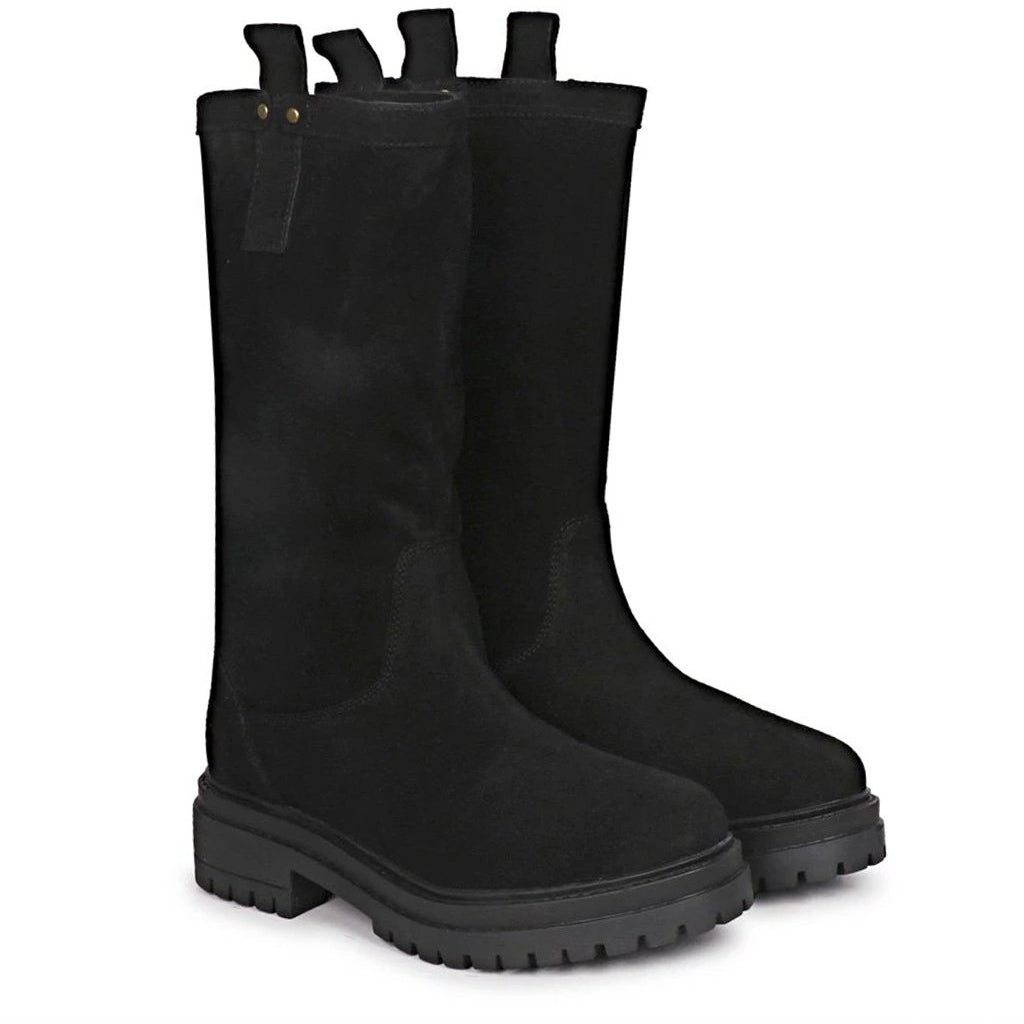 Black Suede Leather Pull On Calf Boots for women