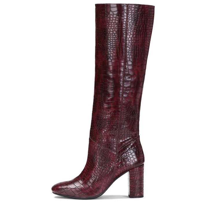 Saint Emily Burgundy Croco Vegan Leather Knee High Boots - SaintG India
