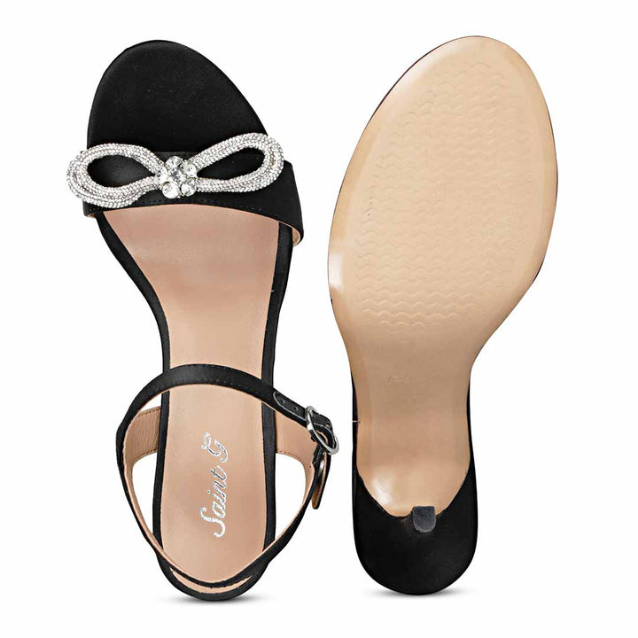 Bow Detail Black Satin Heels