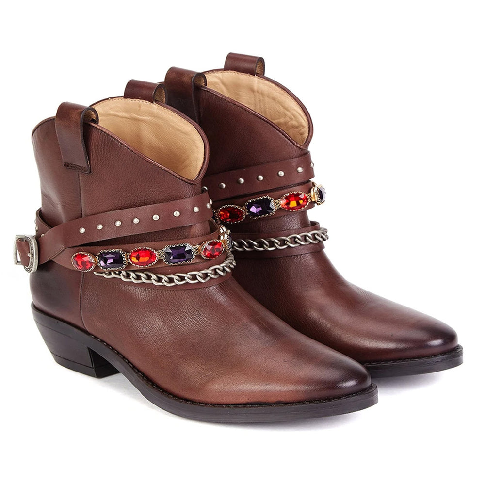 Saint Louanne Brown Leather Rhinestone Studded Décor Boots - SaintG
