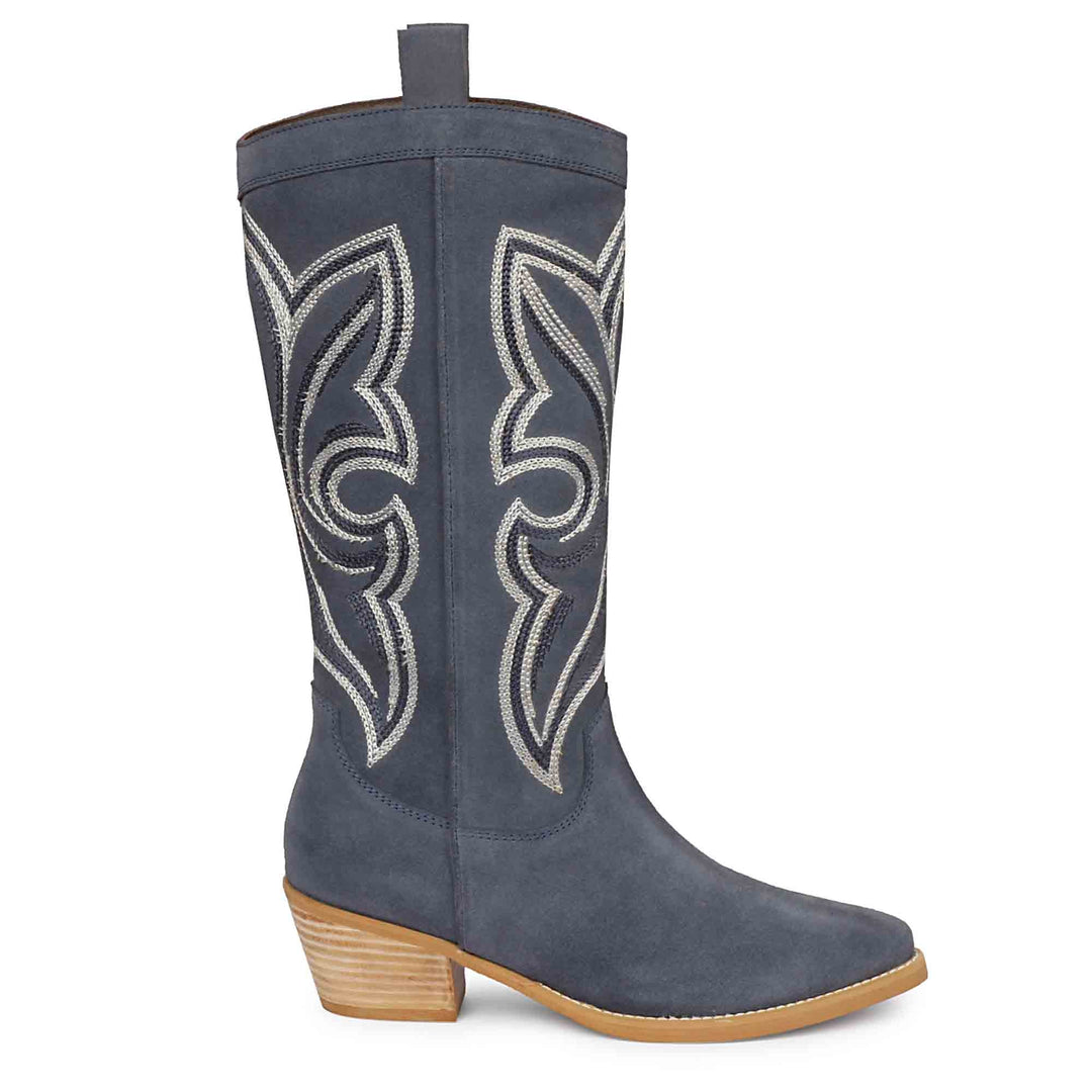 Denim Stitched Leather Handcrafted Cowboy Boots for women