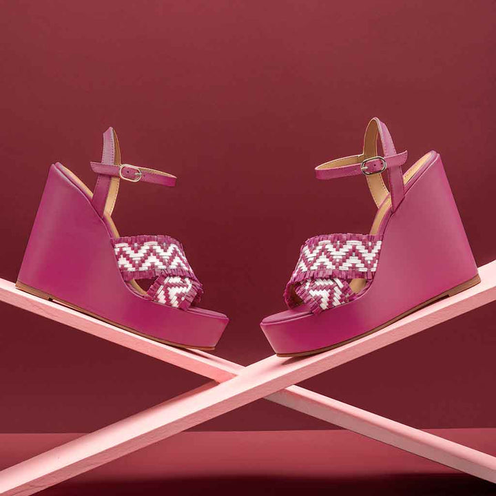 Saint Glenda Hand Woven Hot Pink Leather Wedge Heels