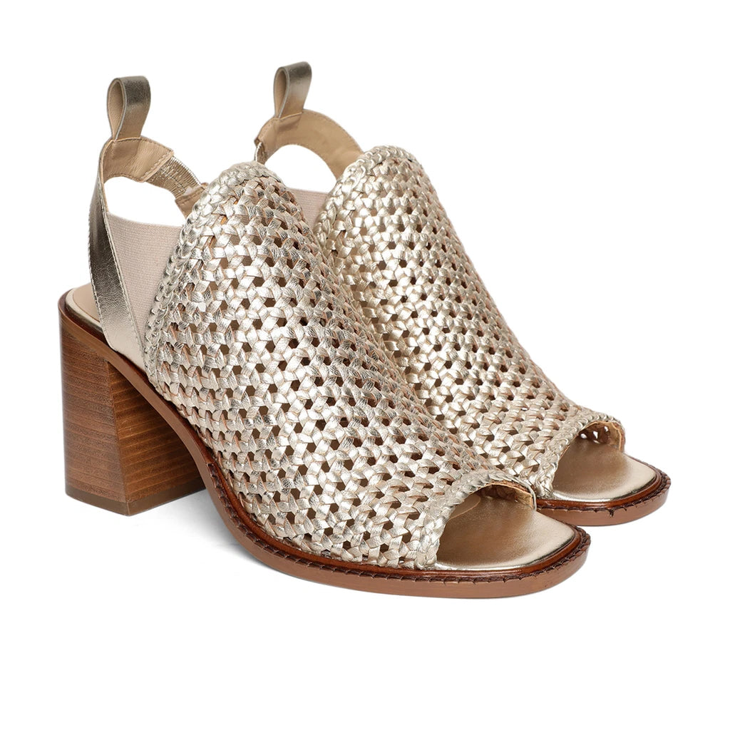 Saint Bella Gold Woven Leather Block Heels: Elegant and chic heels with intricate woven leather design