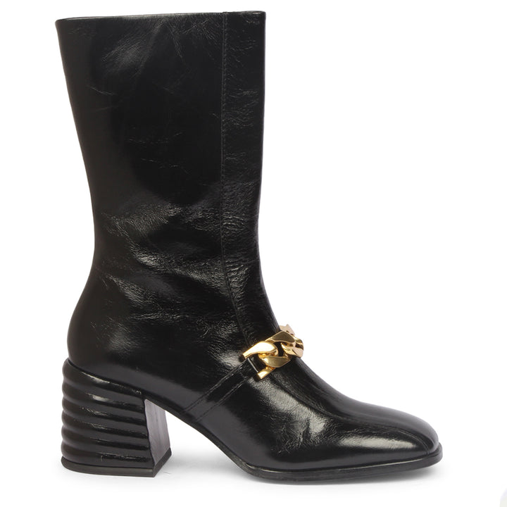 Sleek and stylish Saint Laoise black distressed leather high ankle boots for a bold and fashionable statement. Elevate your look with these chic boots.