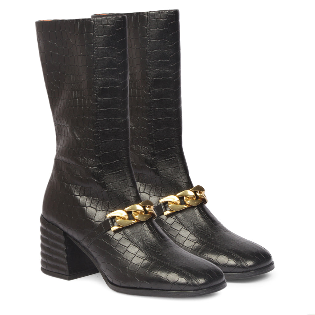 Saint Carmelo Black Croco Print Leather Calf Boots