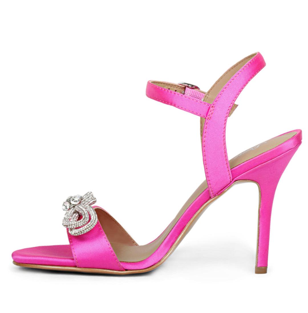 Saint Hayden's stilettos: hot pink, leather-satin, crystal bow for chic style