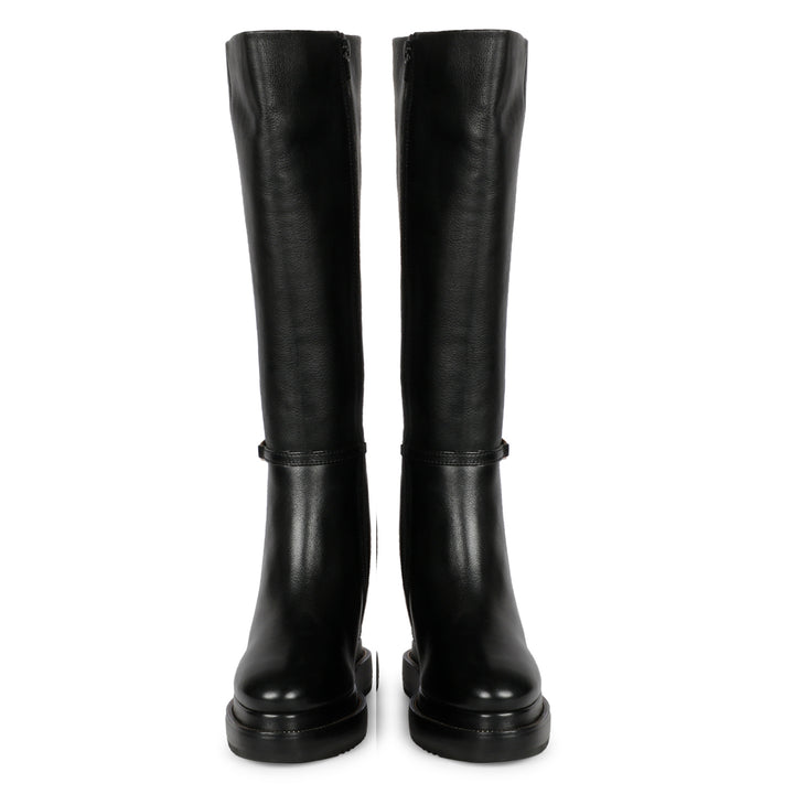 Saint Audrey Chain Décor Black Leather Inside Wedge Heel Long Boots
