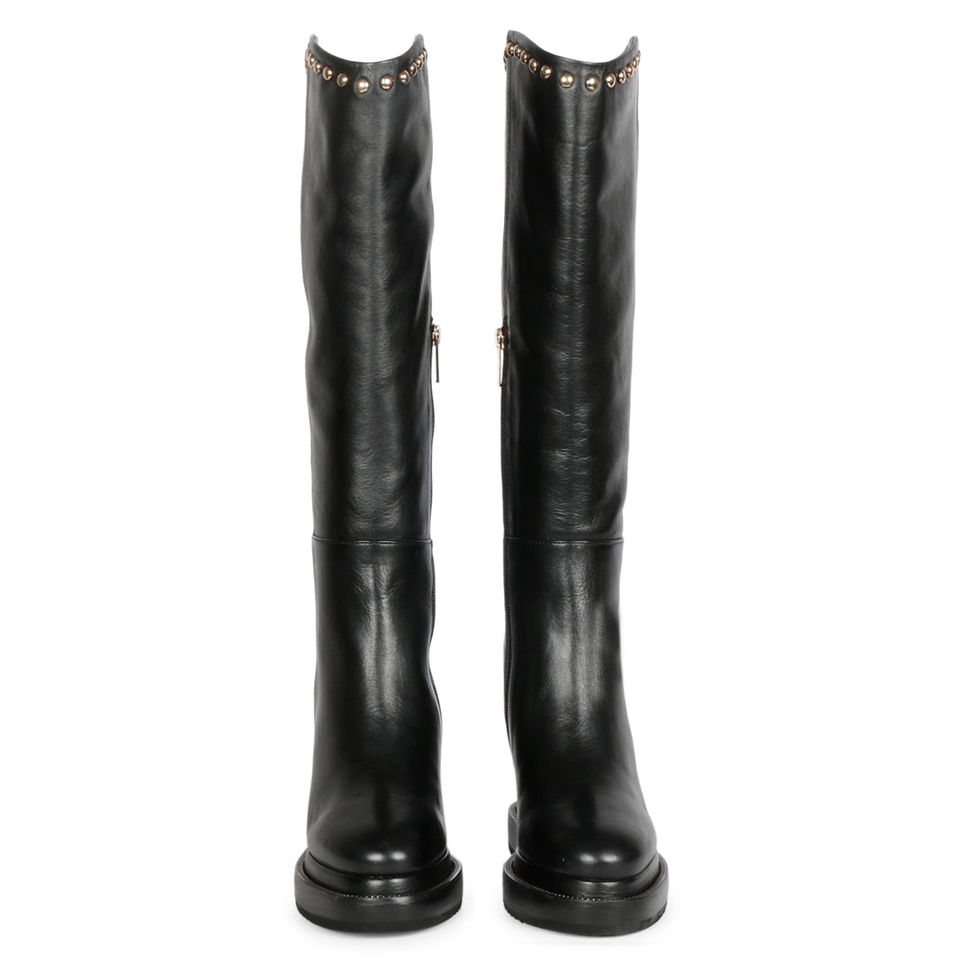 Saint Adelmo Studded Black Leather Inside Wedge Heel Long Boots