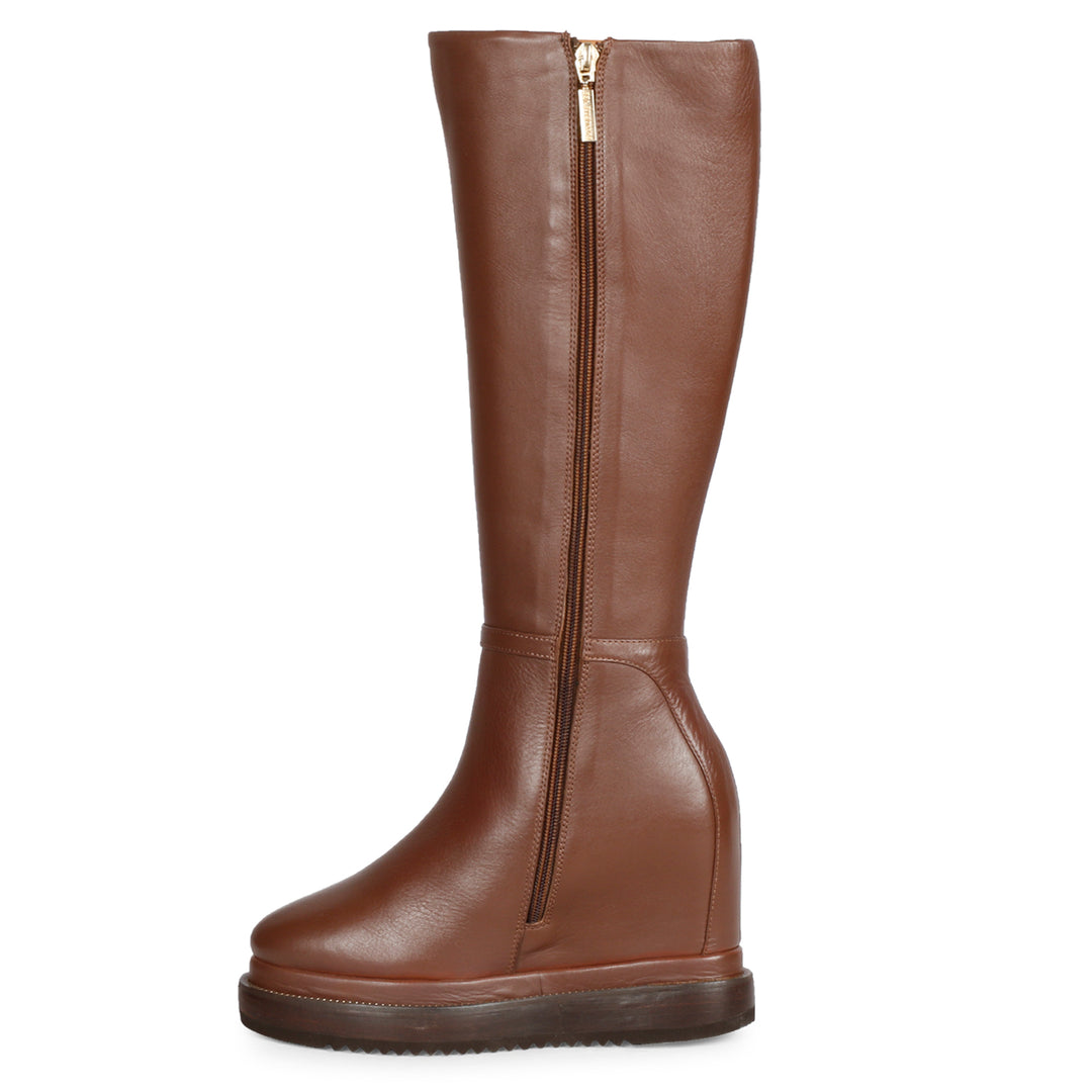 Saint Audrey Long Boots - Trendy Tan Leather Wedge Heels